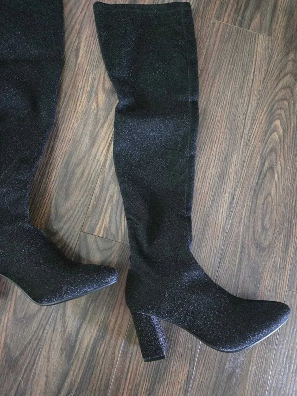 Sexy Black & Sparkly Metallic Thigh-High Block Heeled Boots NWOT/SIZE 8